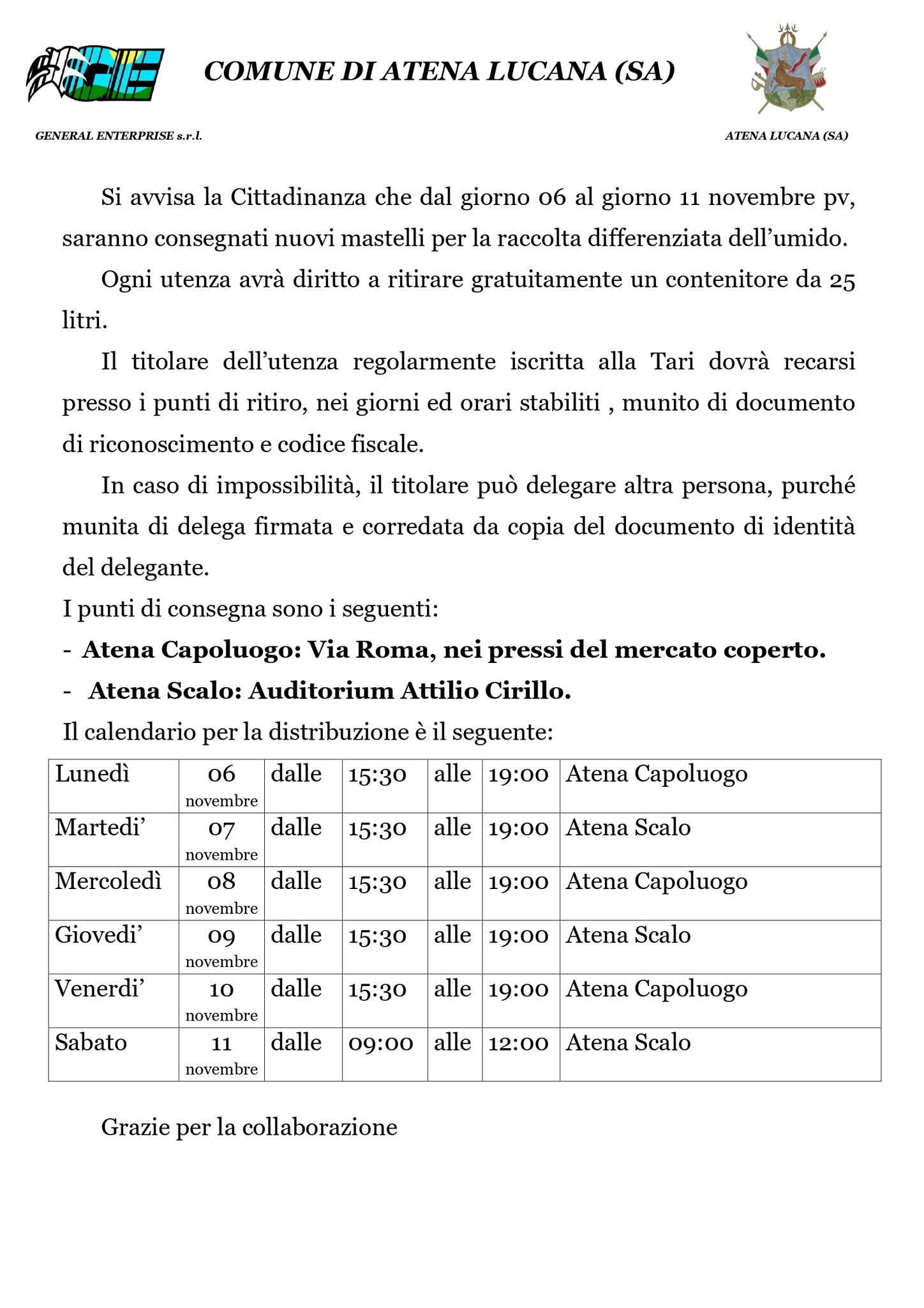 Dal 6 novembre la distribuzione gratuita dei nuovi mastelli per l'umido alle famiglie