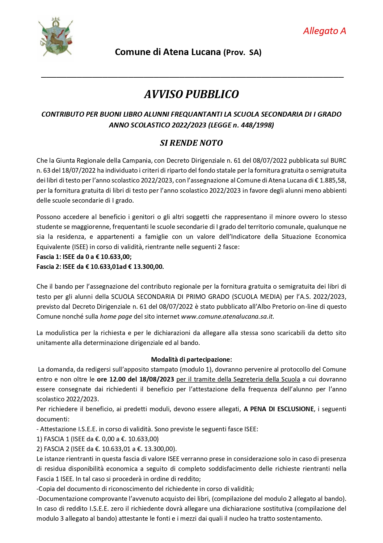 AVVISO PUBBLICO: CONTRIBUTO PER BUONI LIBRO ALUNNI FREQUANTANTI LA SCUOLA SECONDARIA DI I GRADO ANNO SCOLASTICO 2022/2023 (LEGGE n. 448/1998)