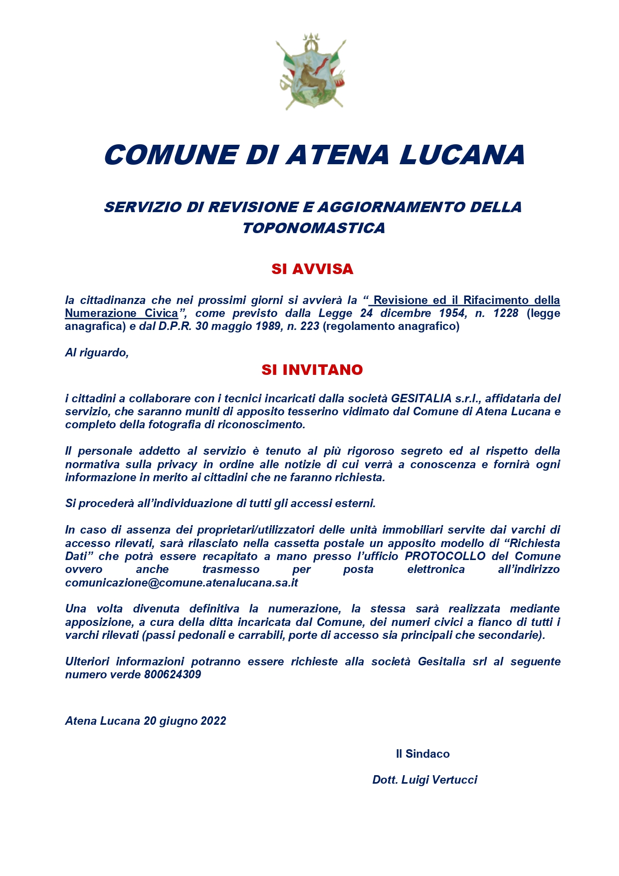 SERVIZIO DI REVISIONE E AGGIORNAMENTO DELLA TOPONOMASTICA - AVVISO