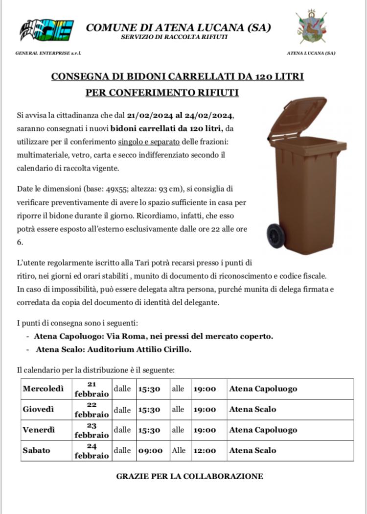 Raccolta Differenziata:  distribuzione gratuita dei nuovi bidoni carrellati da 120 litri.